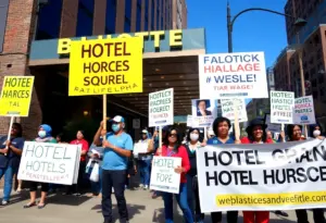 Hotel workers striking outside hotel in Philadelphia