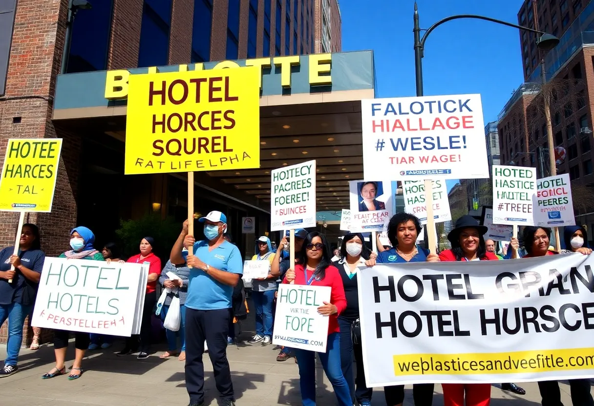 Hotel workers striking outside hotel in Philadelphia