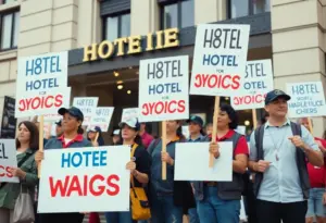 Hotel workers striking in front of Sheraton Philadelphia Downtown