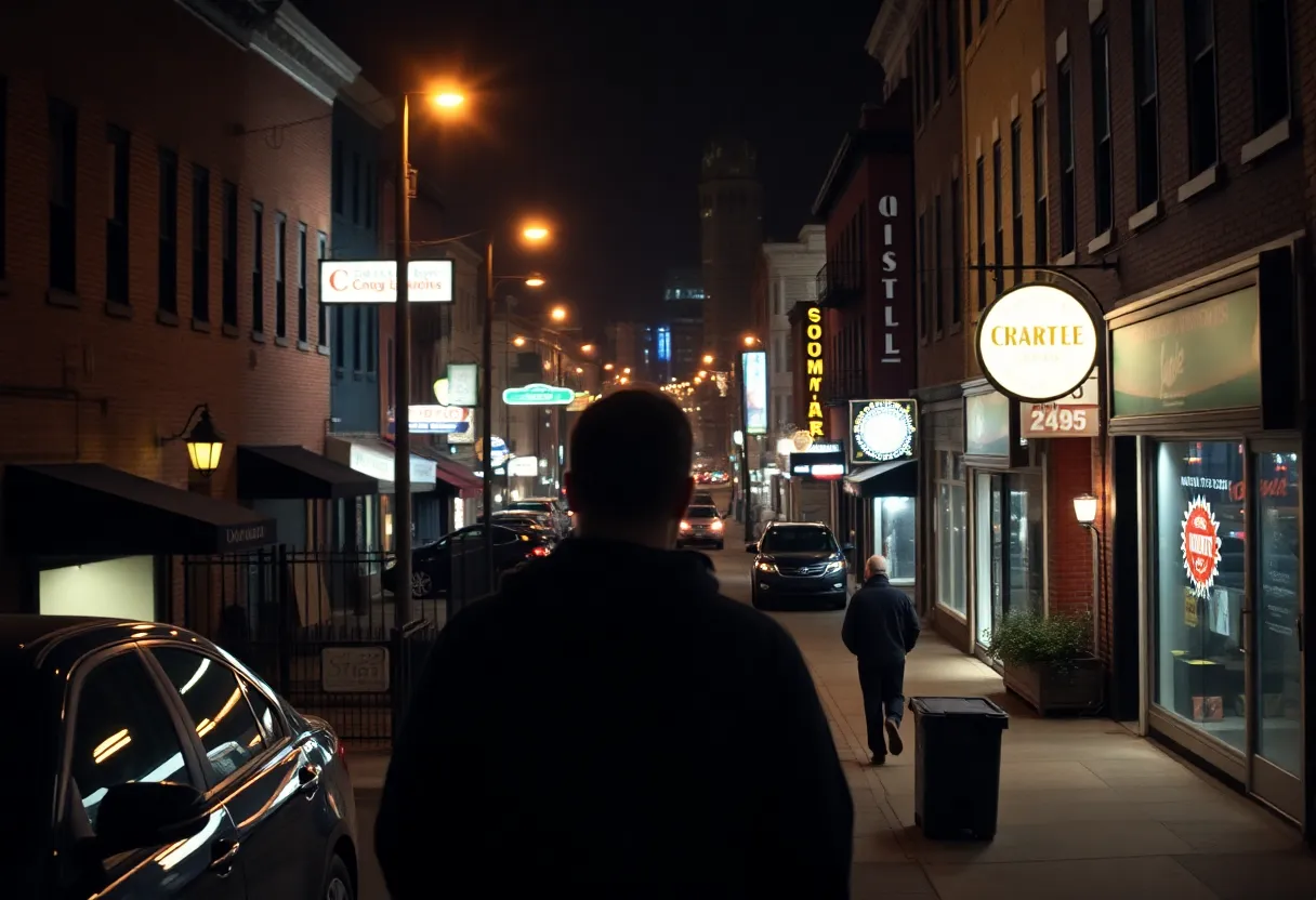 View of a Philadelphia neighborhood at night with businesses open
