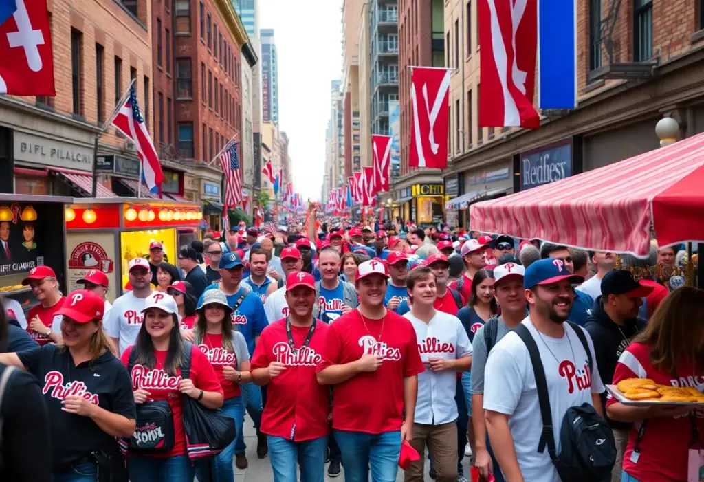 Excited fans in Philadelphia celebrating the Phillies playoffs.