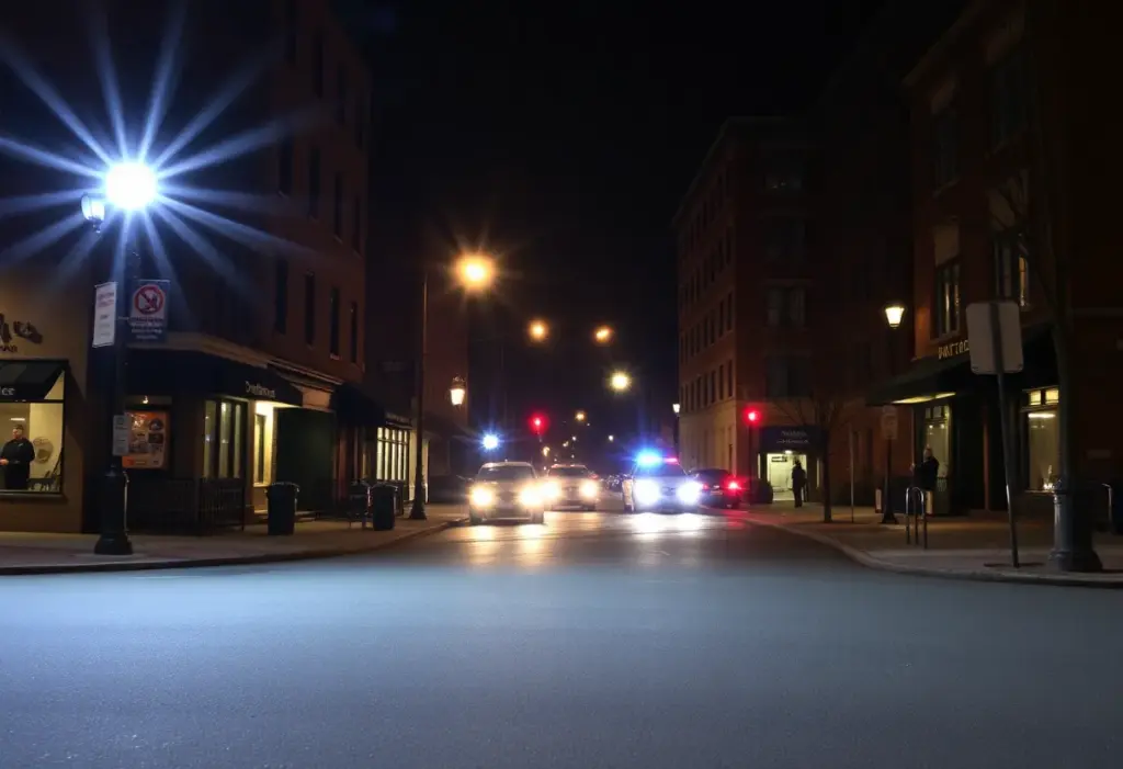 Philadelphia urban streets at night with police lights