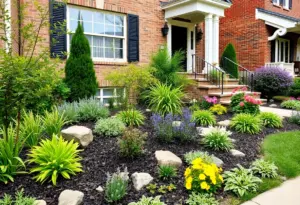 Beautifully landscaped front yard in Philadelphia with native plants and hardscaping features.