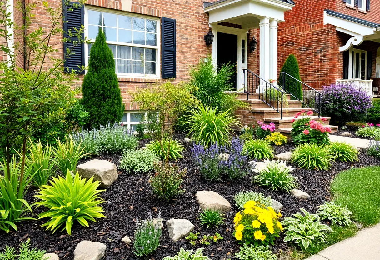 Beautifully landscaped front yard in Philadelphia with native plants and hardscaping features.