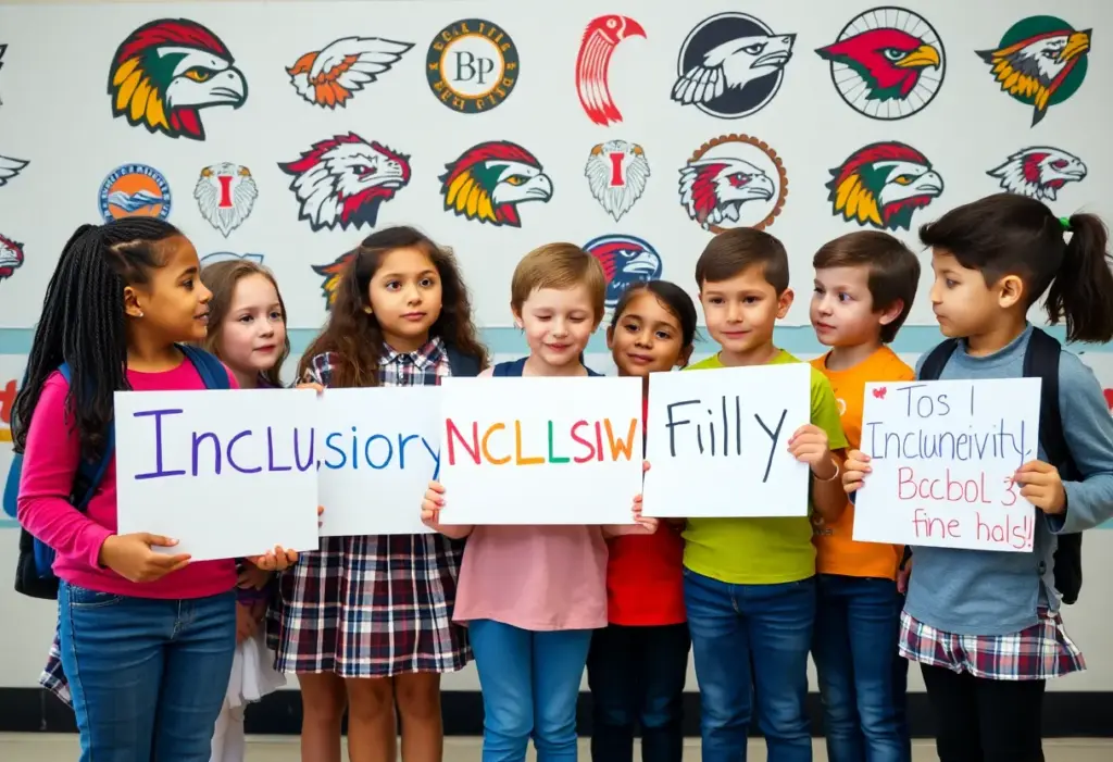 Children holding signs advocating for the ban of Native American mascots in schools
