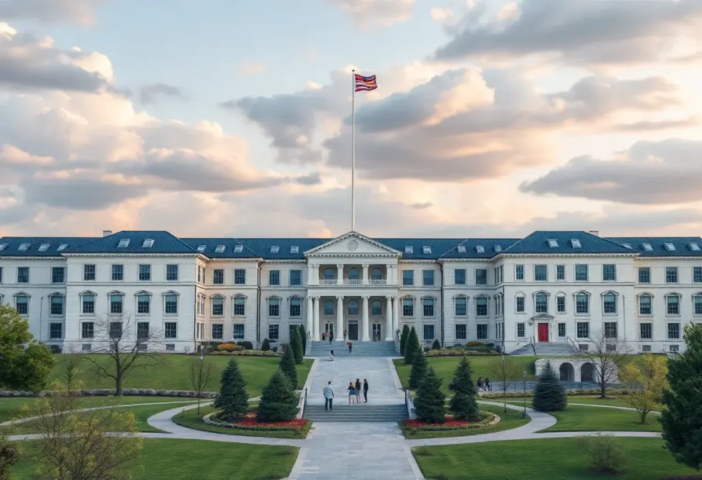 Artistic representation of a university campus showing the divide in educational policies.