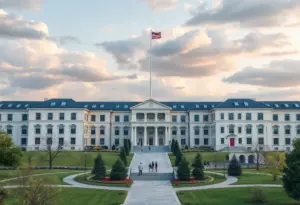 Artistic representation of a university campus showing the divide in educational policies.