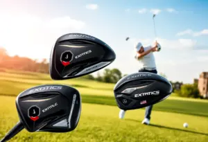 Tour Edge Exotics LS, Max, and Lite drivers displayed on a golf course.