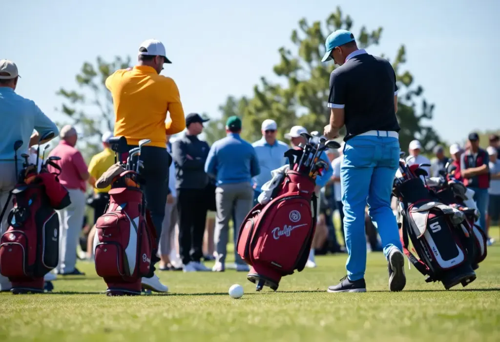 An impressive collection of golf clubs in a red golf bag on a lush green golf course.