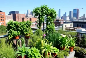 A vibrant urban garden showcasing vertical gardening and container plants in Philadelphia.