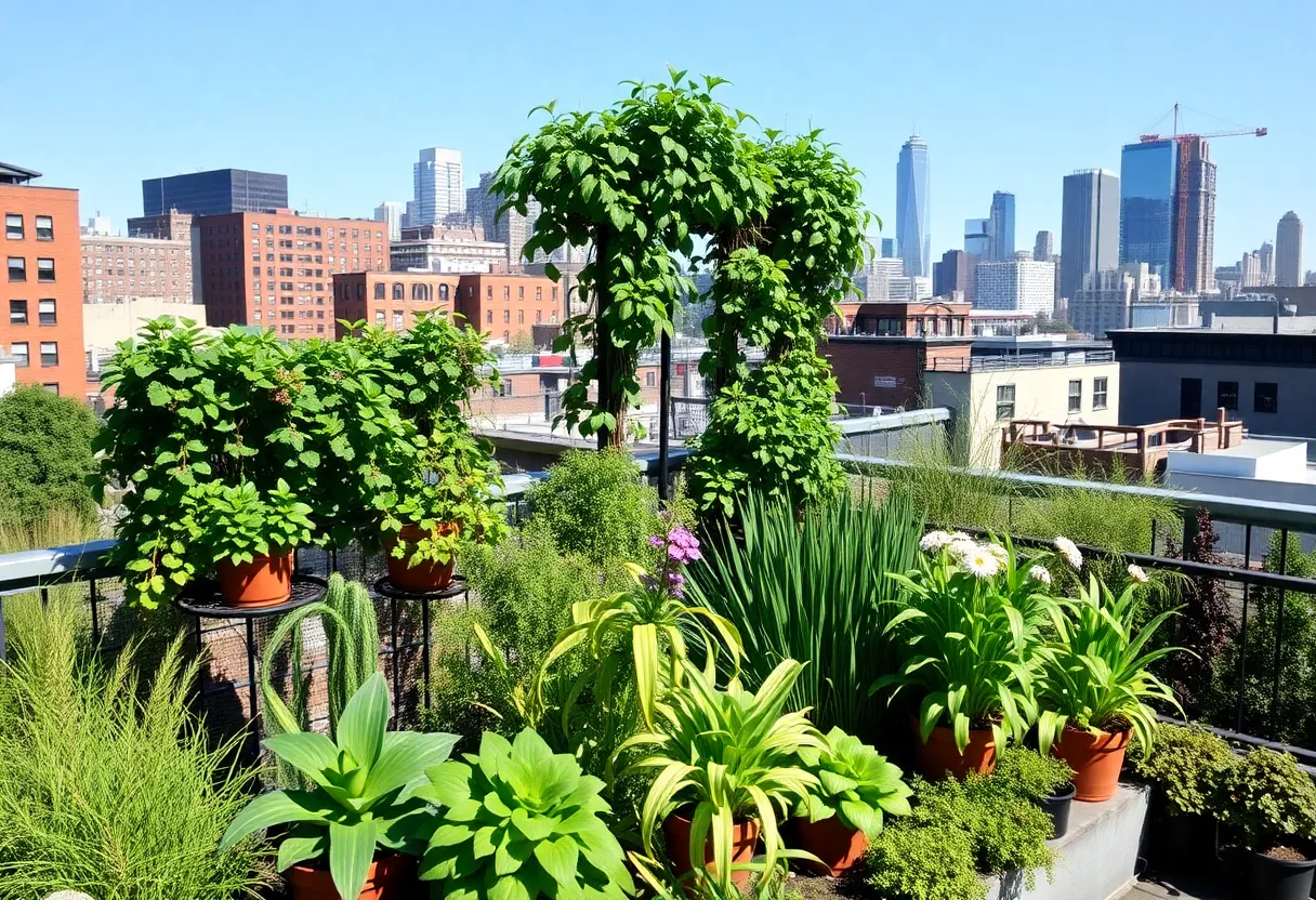 A vibrant urban garden showcasing vertical gardening and container plants in Philadelphia.
