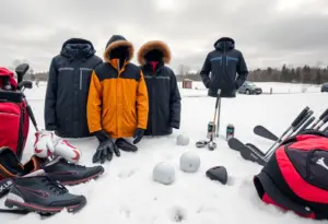 Winter golf course with snow and golfers in winter attire