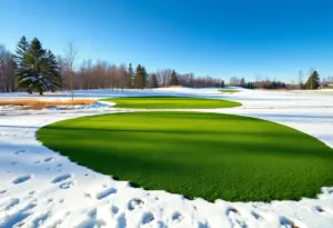 Golfers playing on a winter golf course with Spurk mats