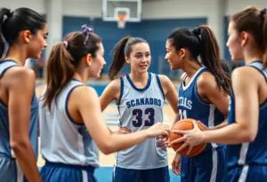 Female basketball players collaborating on the court