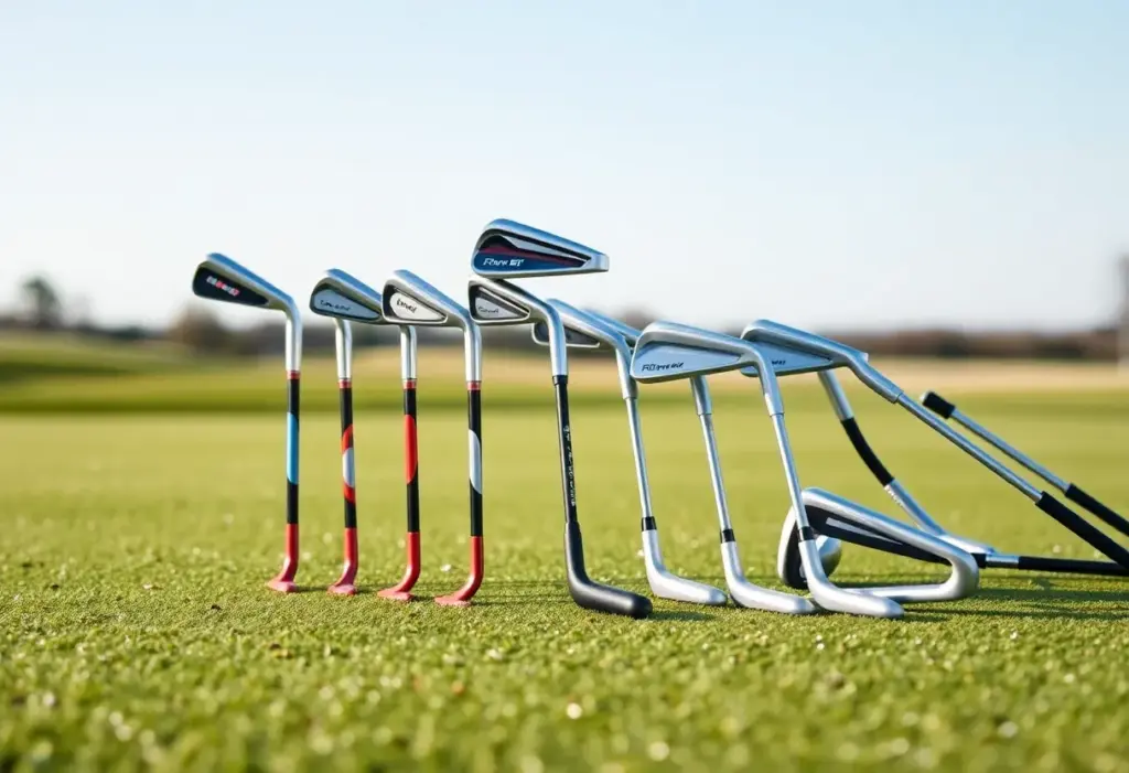 A collection of women’s golf irons displayed on a golf course