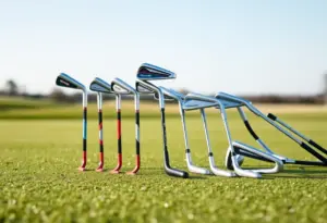 A collection of women’s golf irons displayed on a golf course