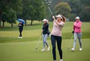 Female golfers playing at Bala Golf Club during a rainy event.