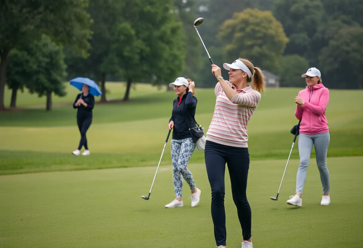 Female golfers playing at Bala Golf Club during a rainy event.