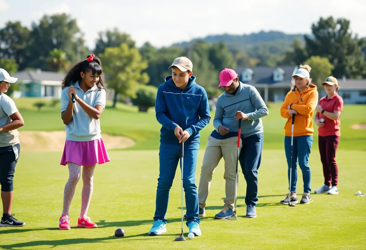 Group of young golfers from diverse backgrounds practicing together on a golf course