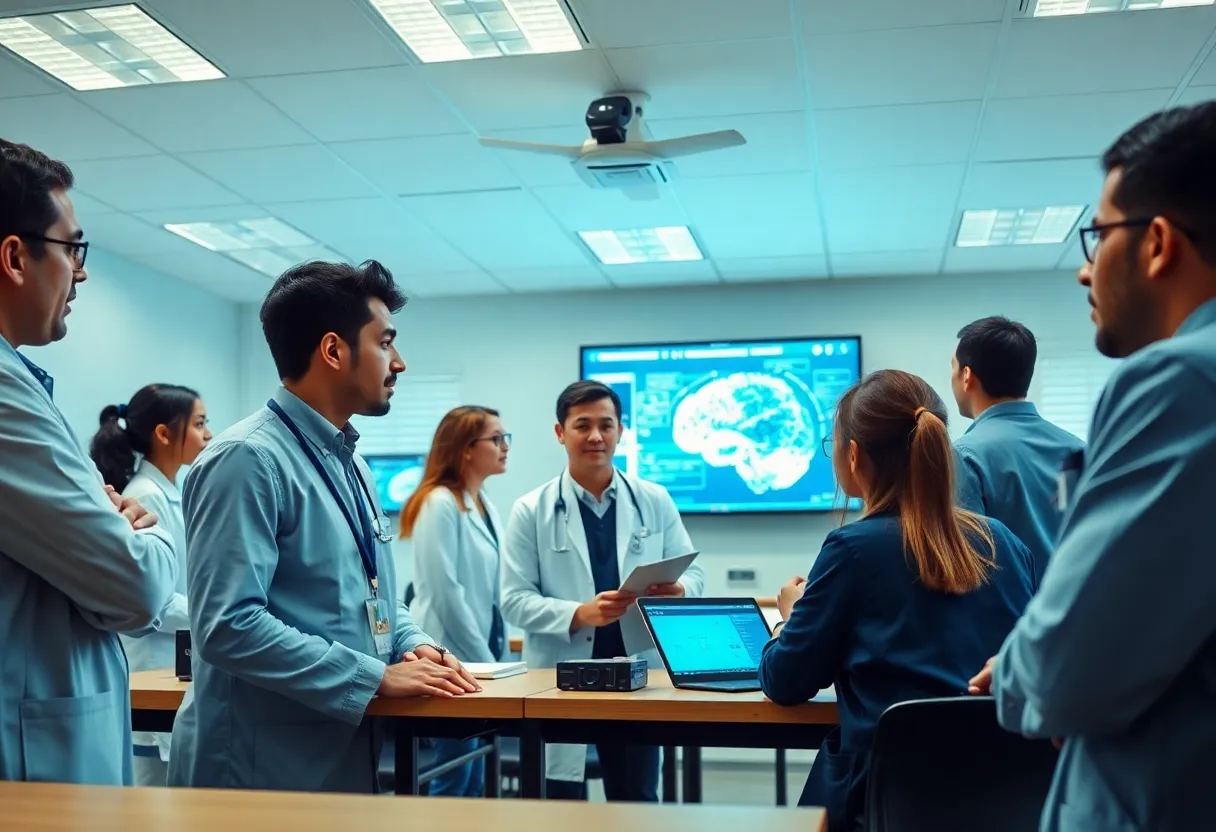 Students learning about AI in a modern medical classroom