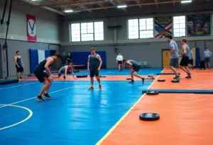 Wrestling training facilities at Arcadia University featuring mats and equipment.