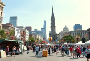 Crowds enjoying the ArtPhilly festival with various art displays in Philadelphia
