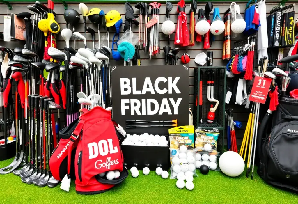 Collage of golf equipment with discount tags for Black Friday 2025.