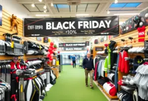 Golf shops showcasing Black Friday promotions with discounted golf clubs and gear.
