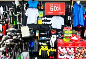 Display of discounted golf gear for Black Friday shopping
