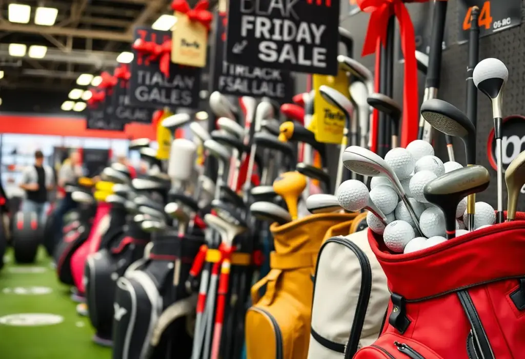 Display of golf gear and equipment during Black Friday sale