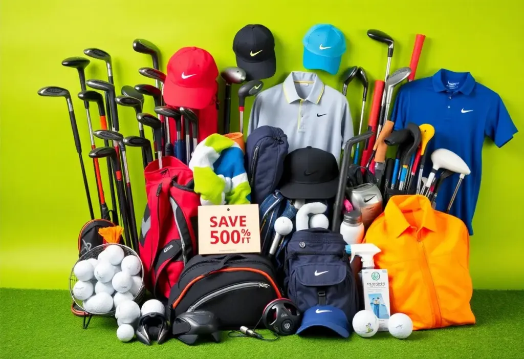 Display of golf gear including clubs and shoes on sale for Black Friday.