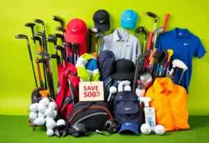 Display of golf gear including clubs and shoes on sale for Black Friday.