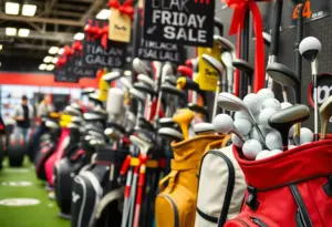 Display of golf gear and equipment during Black Friday sale