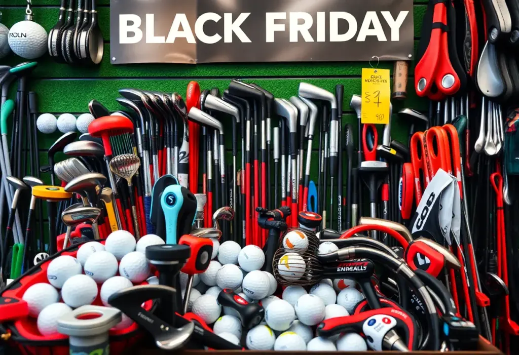 Collage of discounted golf equipment for Black Friday sales.