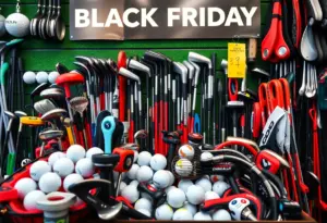 Collage of discounted golf equipment for Black Friday sales.