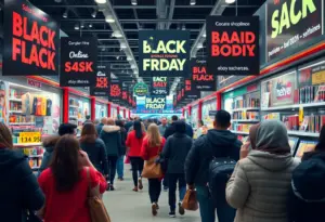 Shoppers participating in Black Friday sales with promotional signs and a busy retail environment.