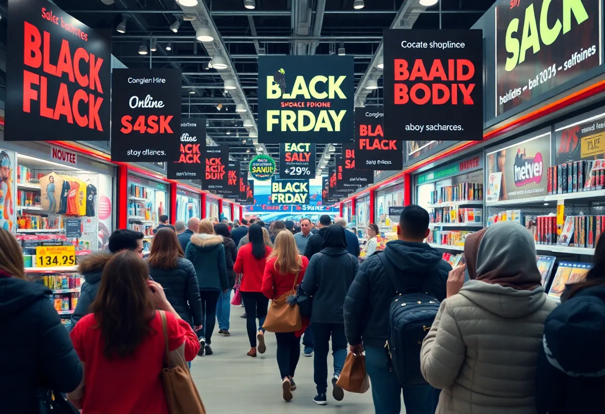 Shoppers participating in Black Friday sales with promotional signs and a busy retail environment.