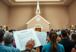 Saint Matthias Church with community members supporting transparency