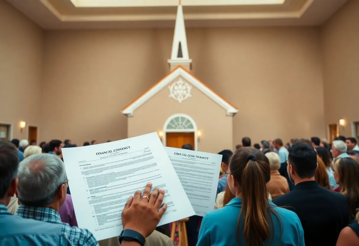 Saint Matthias Church with community members supporting transparency