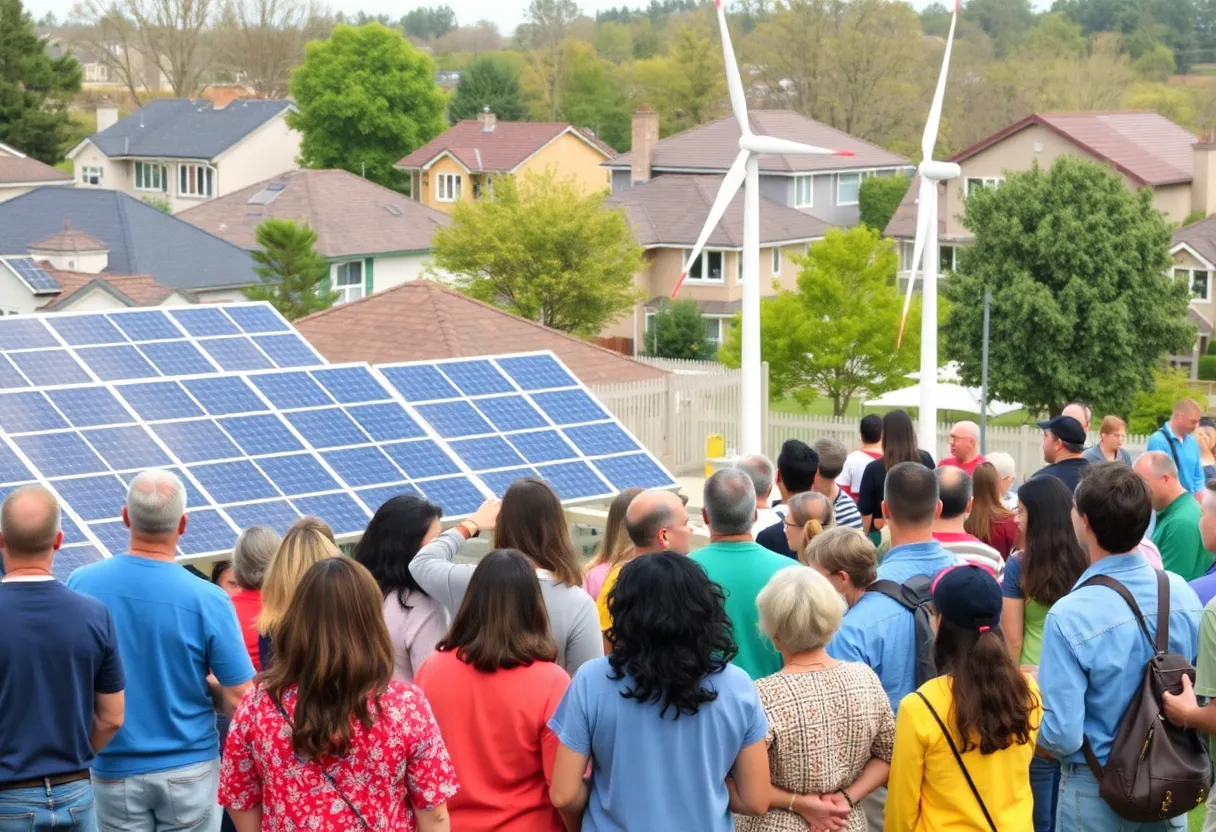 A community commitment to renewable energy with solar panels and wind turbines.