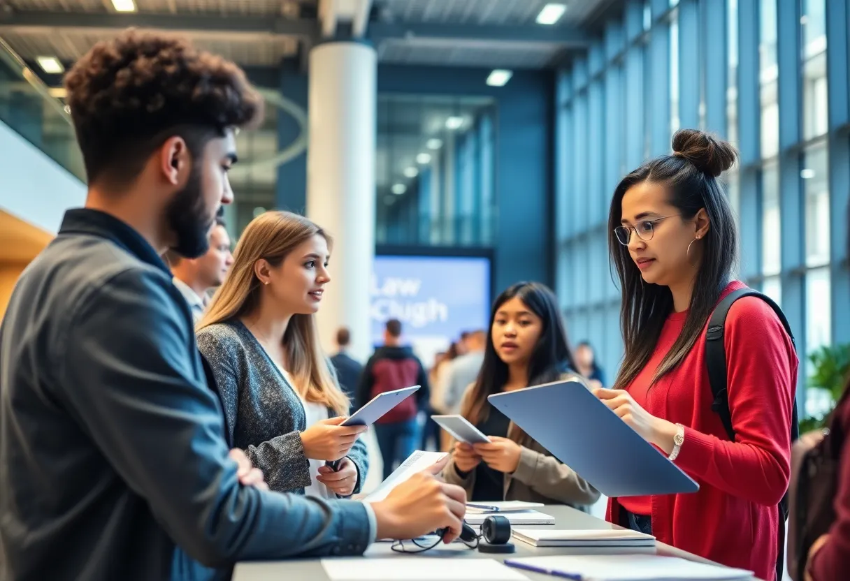 Students collaborating on research projects in a modern campus setting.