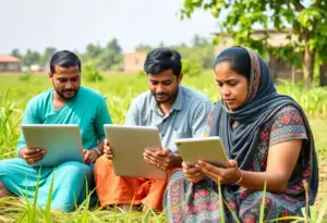 Community members using digital devices in a rural setting