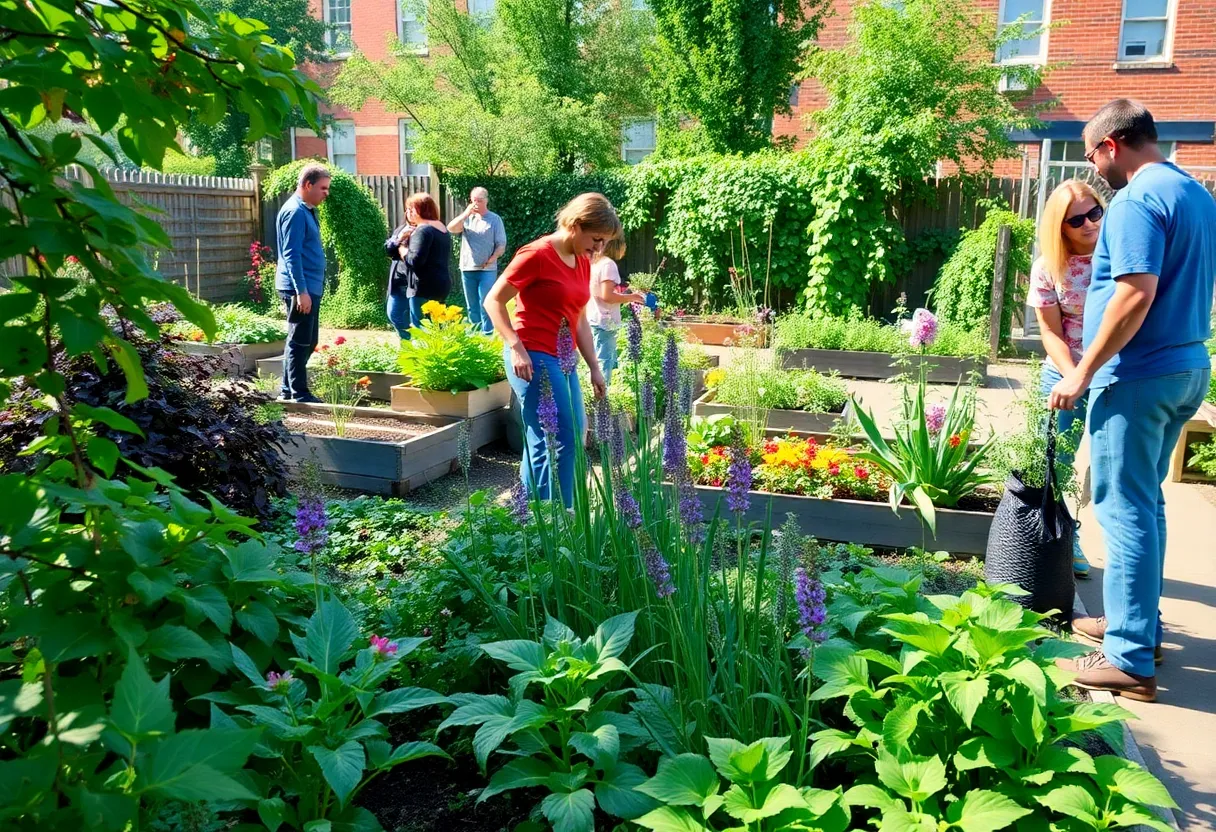 Diverse community members working in a community garden in Philadelphia.