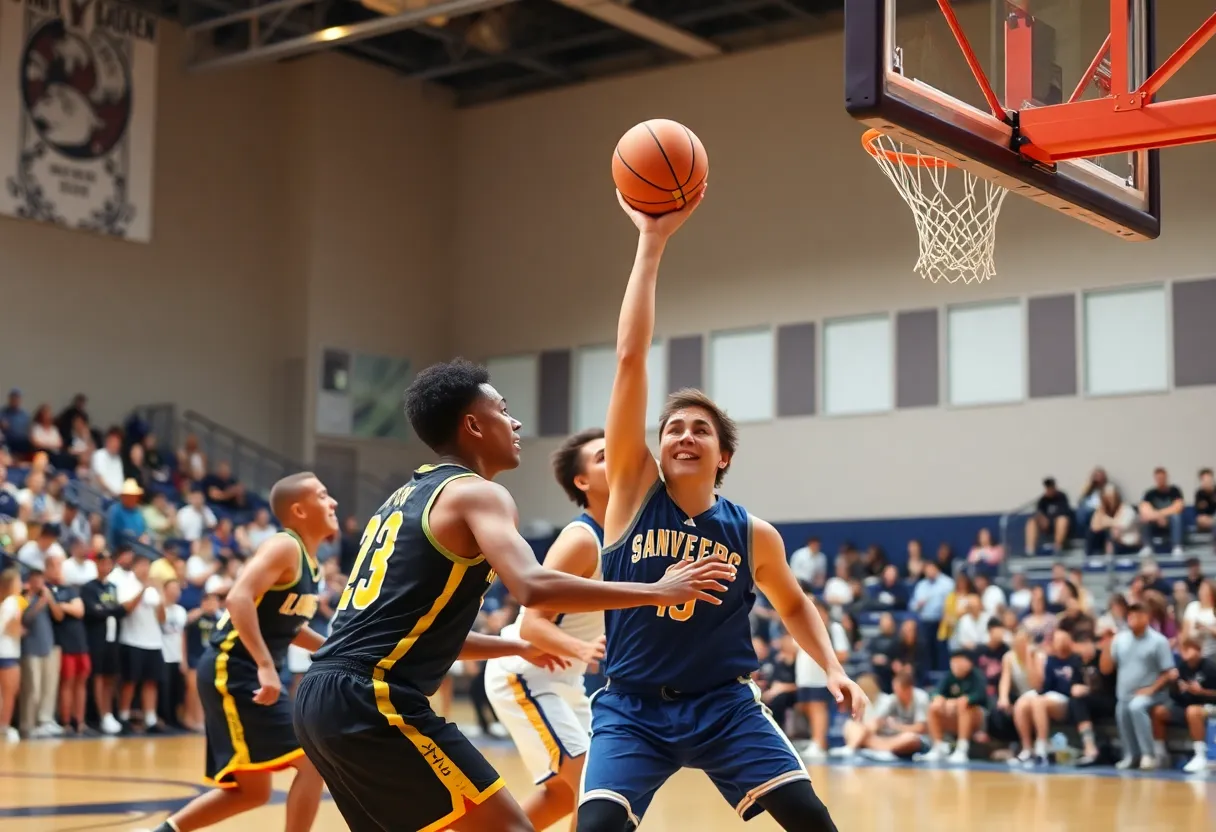 College basketball teams in action during a game, showcasing team spirit and competition.