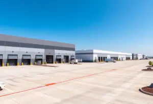 Aerial view of a modern logistics center with multiple warehouses