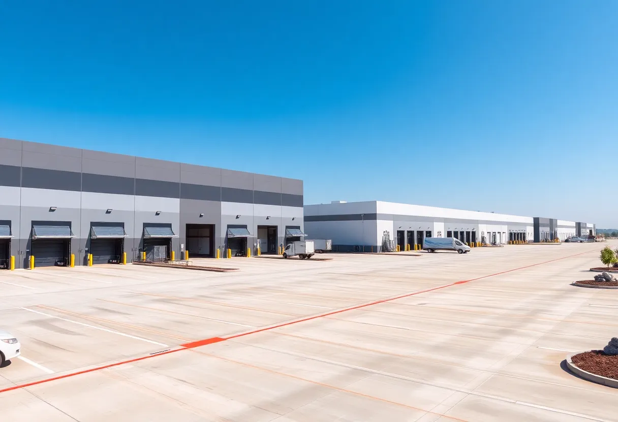 Aerial view of a modern logistics center with multiple warehouses