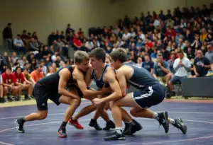 Action shot of a high school wrestling match featuring students in competitive poses on the mat.