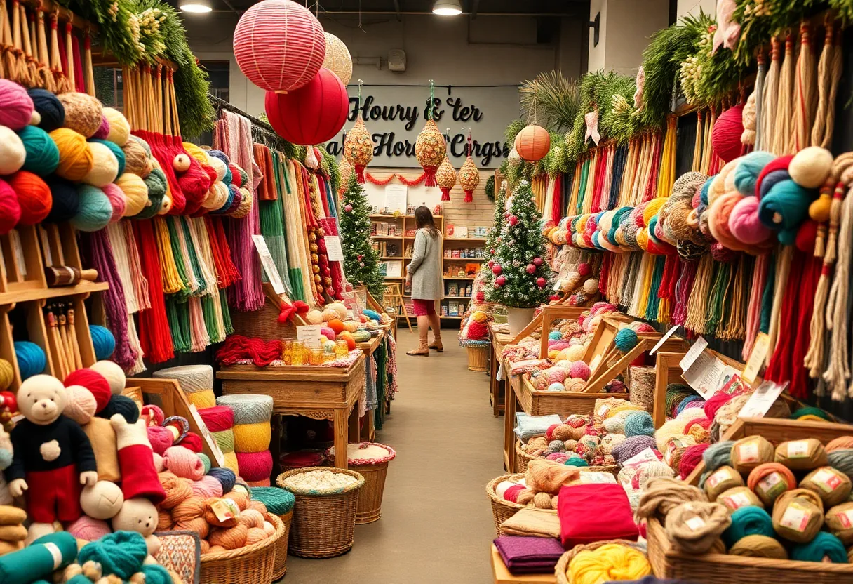 Vendors at the Fiber Craft Holiday Market showcasing handmade crafts and yarn.