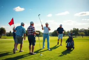 Veterans participating in a golf program at a scenic golf course.