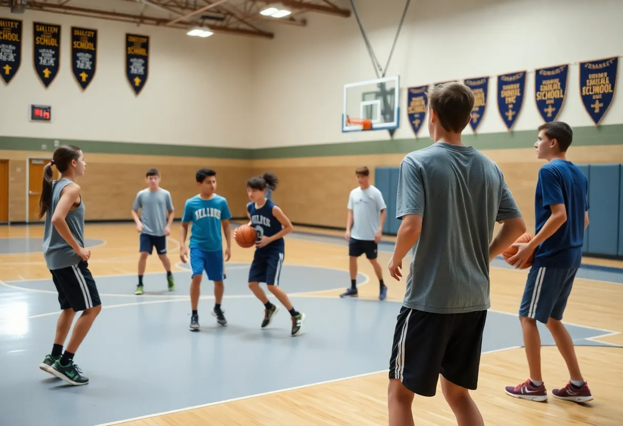 Students practicing basketball on a court